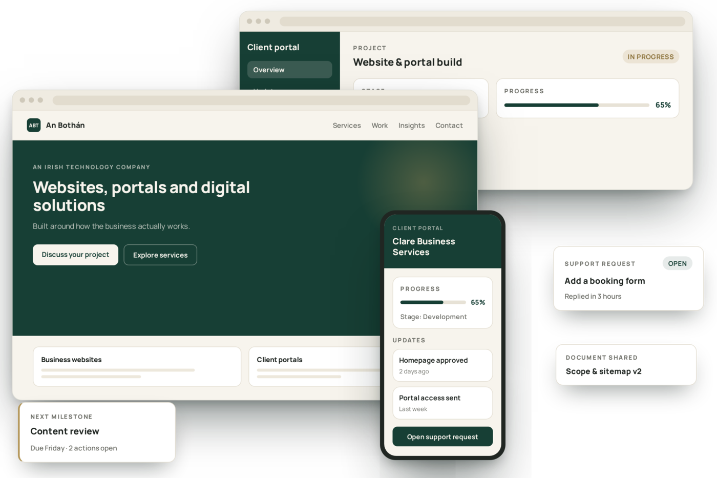 An Bothán Technologies client portal and website interface, showing project progress, updates, shared documents and support requests on desktop and mobile.
